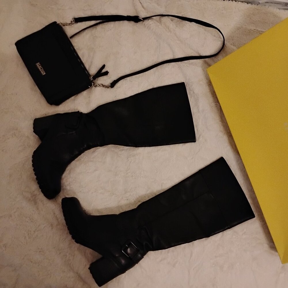 Kenneth Cole Black leather boots and purse, matching.